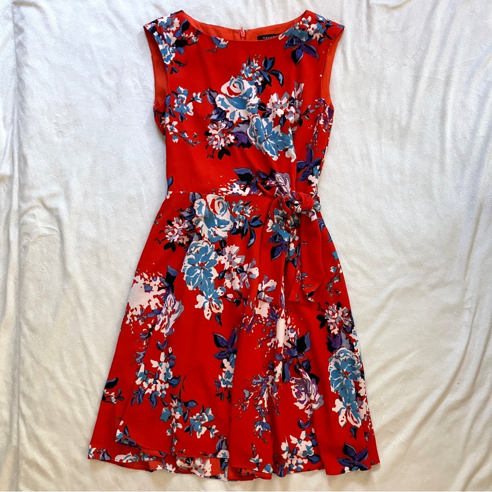 Tahari Arthur S. Levine red floral dress with wrap tie size 2